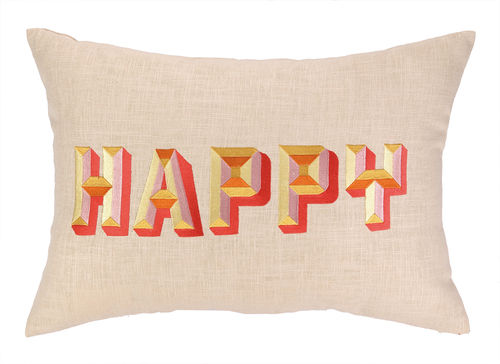 Happy Embroidered Pillow