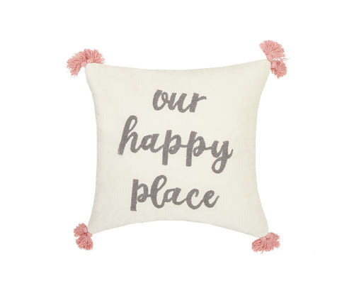 Our Happy Place Tassels Embroidered Pillow