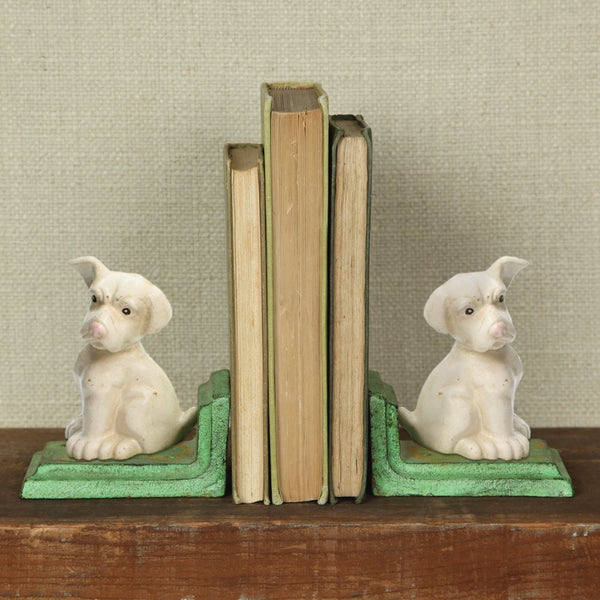 White Puppy Bookends - Cast Iron - White